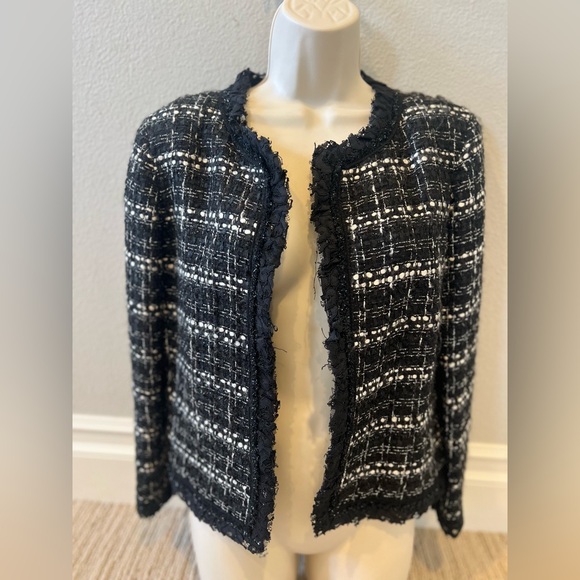 Carolina Herrera Collarlesss Metallic Check Tweed Crop Jacket - Picture 4 of 16